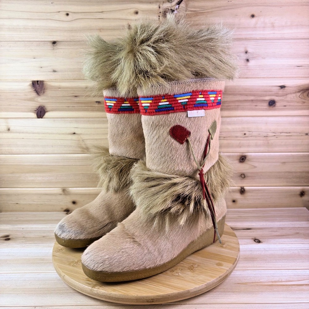 Tecnica Boots Womens 11 Tan Skandia Apres Ski Cow Hide Goat Fur Aztec Style Boot